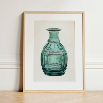 Teal Carafe - Van Silvay 1930s Glassware Art Print / Canvas Framed Illustration Teal-green Ribbed Glass Bottle Fluted Neck, Decorative,