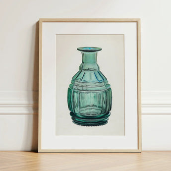 Teal Carafe - Van Silvay 1930s Glassware Art Print / Canvas Framed Illustration Teal-green Ribbed Glass Bottle Fluted Neck, Decorative,
