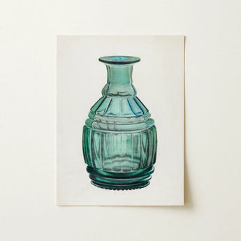 Teal Carafe - Van Silvay 1930s Glassware Art Print / Canvas Hand-painted Illustration Vintage-style Green Glass Bottle Fluted Ribbed,