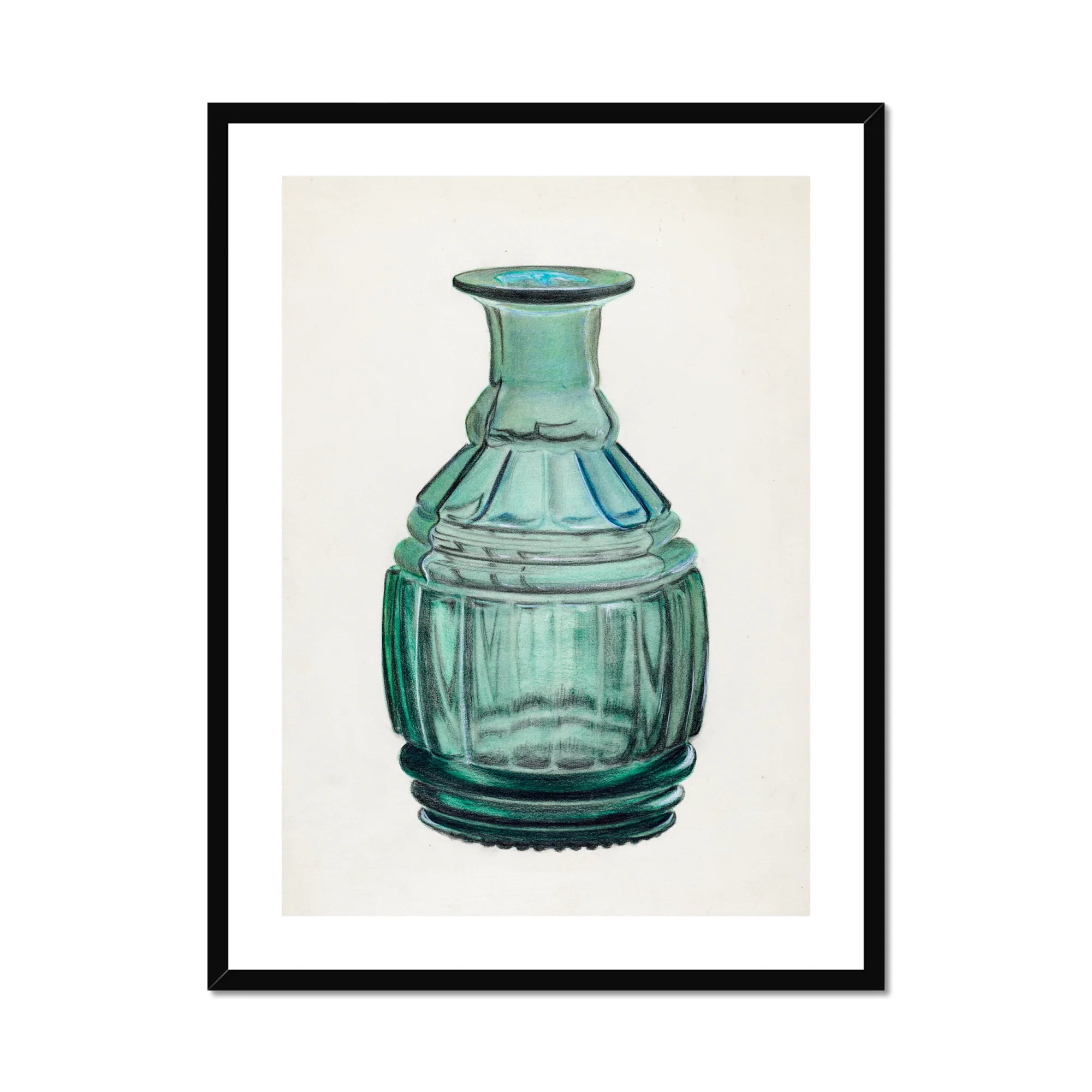 Teal Carafe - Van Silvay 1930s Glassware Art Print, Framed Turquoise Glass Bottle