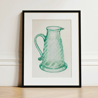 Teal Molasses Jug - Giacinto Capelli 1930s Kitchen Art Print / Canvas Framed Illustration Translucent Green Glass Pitcher Twisted Textured,