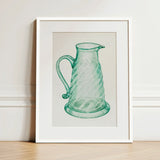Teal Molasses Jug - Giacinto Capelli 1930s Kitchen Art Print / Canvas Framed Watercolor Illustration Translucent Green Glass Pitcher