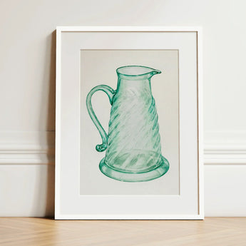 Teal Molasses Jug - Giacinto Capelli 1930s Kitchen Art Print / Canvas Framed Watercolor Illustration Translucent Green Glass Pitcher