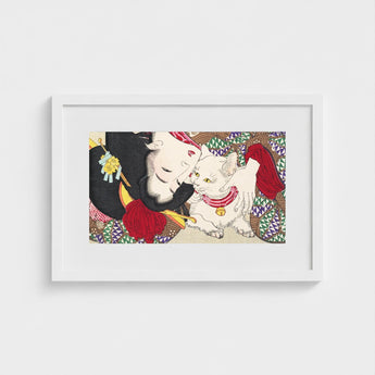 Teasing the Cat - Tsukioka Yoshitoshi Art Print / Canvas White-framed Artwork Traditional Japanese-style Illustration Woman Black Red,