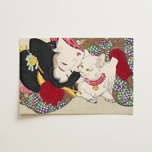 Teasing the Cat - Tsukioka Yoshitoshi Art Print / Canvas Traditional Japanese Woodblock Woman Black Red Attire, Domestic Yokai, Prints