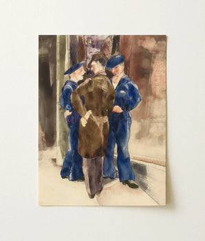 Watercolor Painting Three Men Blue Uniforms Caps Brown Charles Demuth, Sets, Gathered, Rust-brown Wall Carries, Faint, Gold, Lettering, Art