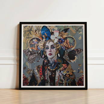 Framed Artwork Woman Adorned Intricate Butterfly Floral Motifs Surreal Tarot, Fool Steps Forward, Butterflies, Eyes Wide