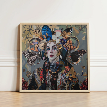 Square-framed Artwork Woman Adorned Elaborate Headdress Colorful Butterflies Surreal Tarot, Fool Steps Forward, Eyes Wide