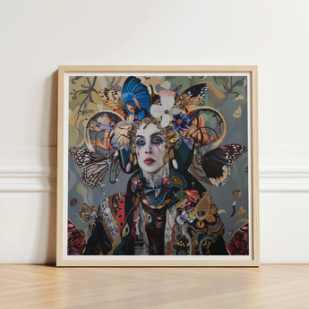 Framed Artwork Woman Adorned Intricate Butterfly Floral Motifs Surreal Tarot, Fool Steps Forward, Butterflies, Eyes Wide