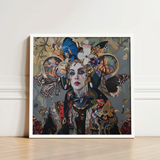 Framed Artwork Woman Adorned Intricate Butterfly Floral Embellishments Surreal Tarot, Fool Steps Forward, Butterflies, Eyes Wide