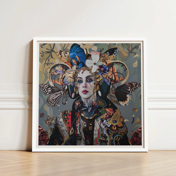 Framed Artwork Woman Adorned Intricate Butterfly Motifs Floral Surreal Tarot, Fool Steps Forward, Butterflies, Eyes Wide