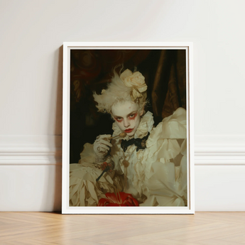 White-framed Art Print Portrait Person Ornate Off-white Ruffled Gay Devil, Void Stares
