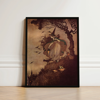 Vintage-style Framed Artwork Witch Gown Pointed Hat Broomstick Ida Rentoul Outhwaite