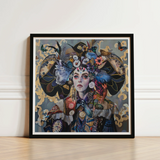 Framed Mixed-media Artwork Woman Adorned Intricate Colorful Feathers Surreal Tarot Card, Dream Spun, Art