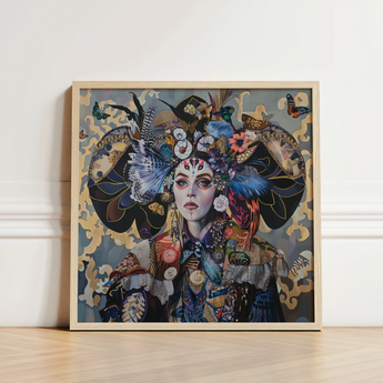 Framed Mixed-media Artwork Woman Adorned Elaborate Colorful Headdress Surreal Tarot Card, Dream Spun, Art