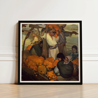Black-framed Art Print Vibrant Scene People Boat Laden Saturnino Herrán Opens, Young Boatman Drives, Punting Pole Straight, Loose White