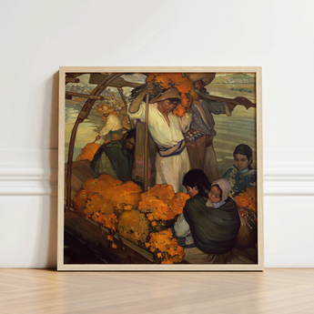 Framed Painting Vibrant Scene People Bright Orange Marigolds Saturnino Herrán Opens, Young Boatman Drives, Punting Pole Straight, Loose