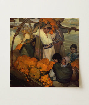 Vibrant Oil Painting Group People Boat Laden Bright Saturnino Herrán Opens, Young Boatman Drives, Punting Pole Straight, Loose White Shirt,