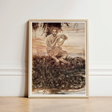 Framed Artwork Muscular Bearded Man Long Hair Rocks Dawn Locks Eyes, Arthur Rackham Art, Print, Rackham’s, Pan Crouches, Moss-covered Rock