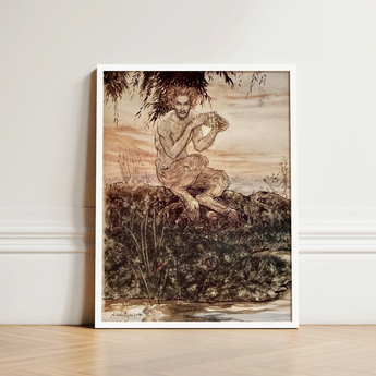 Framed Illustration Bearded Muscular Figure Long Hair Fur-like Dawn Locks Eyes, Arthur Rackham Art, Print, Rackham’s, Pan Crouches,