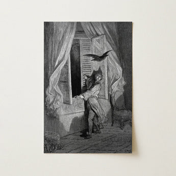 The Raven - Gustave Dore Art Print / Canvas Black-and-white Illustrated Figure Period Attire Open Window, Doré’s Engraving Prints