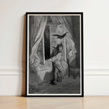 The Raven - Gustave Dore Art Print / Canvas Black-framed Charcoal Illustration Man Period Attire Open, Doré’s Engraving Prints
