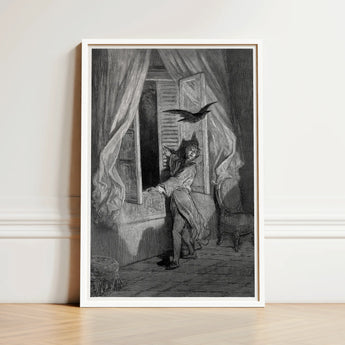 The Raven - Gustave Dore Art Print / Canvas Framed Black-and-white Illustration Figure Period Attire Open Window, Doré’s Engraving Prints
