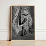 The Raven - Gustave Dore Art Print / Canvas Framed Black-and-white Illustration Light Wood Frame Figure Open, Doré’s Engraving Prints