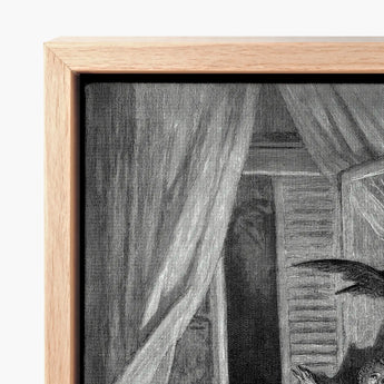 The Raven - Gustave Dore Art Print / Canvas Light-colored Wooden Frame Black-and-white Engraved Illustration Curtains Interior, Doré’s