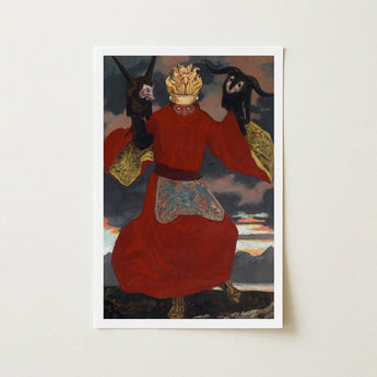 The Shaman - Sascha Schneider Art Print / Canvas Framed Figure Vibrant Red Robe Gold Aureate Flames Sculpting, Embroidered Apron Shimmers,