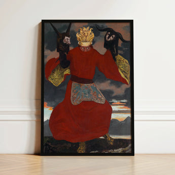 The Shaman - Sascha Schneider Art Print / Canvas Framed Artwork Figure Vibrant Red Robe Gold Accents Aureate Flames Sculpting, Embroidered