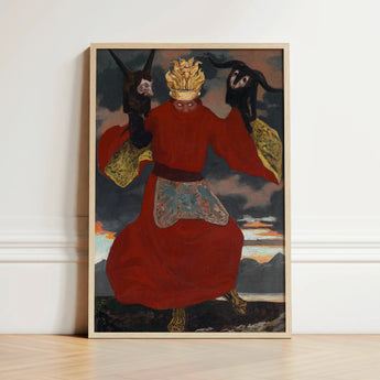 The Shaman - Sascha Schneider Art Print / Canvas Framed Artwork Figure Vibrant Red Robe Gold Accents Aureate Flames Sculpting, Embroidered
