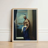 Framed Portrait Muscular Man Blue Trousers White Headband Gay Sea Captain, Black, Art Print