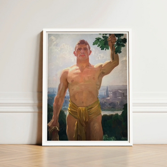 The Victor - Osmar Schindler Art Print / Canvas Framed Painting Muscular Shirtless Man Golden Loincloth Green, Positions, High Ground,