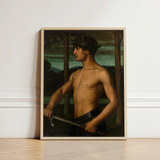 Framed Classical Oil Painting Muscular Bare-chested Man Laurel Panel Holds, Young Beneath, Leaf Crown, Ottilie w Roederstein, Art Print,