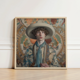 Framed Portrait Young Man Wide-brimmed Beige Hat Ornate Dandy Gay Cowboy, Handsome Homosexual Outlaw’s, Aesthetic