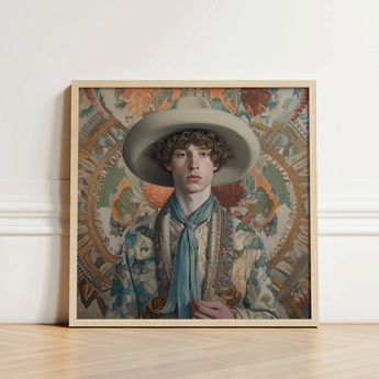 Framed Portrait Young Man Wide-brimmed Beige Hat Ornate Dandy Gay Cowboy, Handsome Homosexual Outlaw’s, Aesthetic