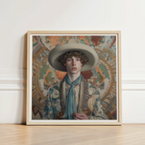 Framed Portrait Young Man Curly Hair Wide-brimmed Hat Dandy Gay Cowboy, Handsome Homosexual Outlaw’s, Aesthetic