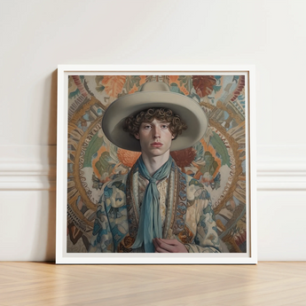 Framed Portrait Young Man Ornate Wide-brimmed Hat Patterned Dandy Gay Cowboy, Handsome Homosexual Outlaw’s, Aesthetic