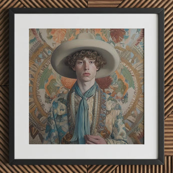 Theodore - Handsome Gay Cowboy Art Print / Canvas Beige Hat Blue Scarf Floral Patterned Jacket Dandy, Homosexual Outlaw’s, Aesthetic Prints