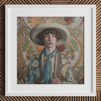 Theodore - Handsome Gay Cowboy Art Print / Canvas Beige Hat Intricate Black Embroidery Blue Scarf Dandy, Homosexual Outlaw’s, Aesthetic
