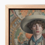 Framed Portrait Young Man Curly Hair Wide-brimmed Hat Dandy Gay Cowboy, Handsome Homosexual Outlaw’s, Aesthetic