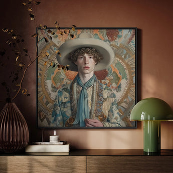 Theodore - Handsome Gay Cowboy Art Print / Canvas Framed Portrait Young Man Wide-brimmed Hat Ornate Patterned Dandy Gay Cowboy, Handsome