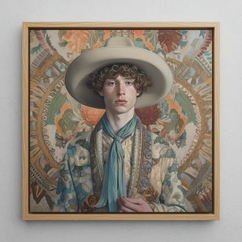 Theodore - Handsome Gay Cowboy Art Print / Canvas Square-framed Portrait Young Man Wide-brimmed Beige Hat Patterned Dandy, Homosexual