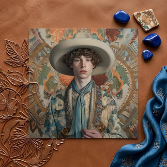 Theodore - Handsome Gay Cowboy Art Print / Canvas Square Portrait Print Young Man Wide-brimmed Hat Patterned Dandy Gay Cowboy, Handsome