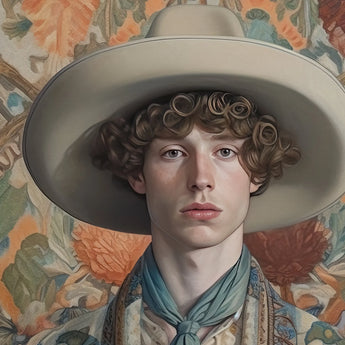 Theodore - Handsome Gay Cowboy Art Print / Canvas Wide-brimmed Beige Hat Teal Scarf Dandy, Homosexual Outlaw’s, Aesthetic Prints