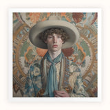 Theodore - Handsome Gay Cowboy Art Print / Canvas Young Man Curly Brown Hair Wears Wide-brimmed Beige Dandy Gay Cowboy, Handsome Homosexual