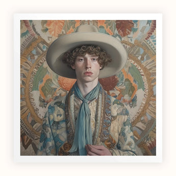 Theodore - Handsome Gay Cowboy Art Print / Canvas Young Man Curly Brown Hair Wears Wide-brimmed Beige Dandy Gay Cowboy, Handsome Homosexual