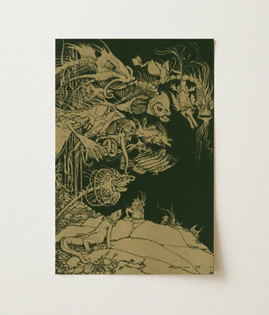 Dark Green Rectangular Art Print Intricate Golden-toned Linework Arthur Rackham, Tarnished Ochre