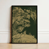 Framed Artwork Intricate Golden Linework Fantastical Creatures Deep Arthur Rackham, Art Print, Tarnished Ochre